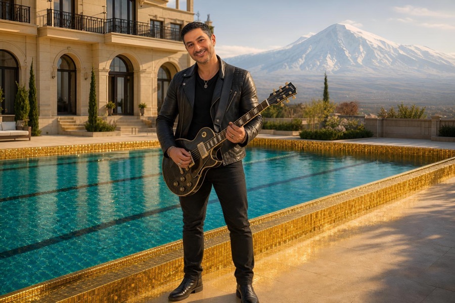 AI-generated portrait of Arabo as a rockstar by a gold-tiled pool
