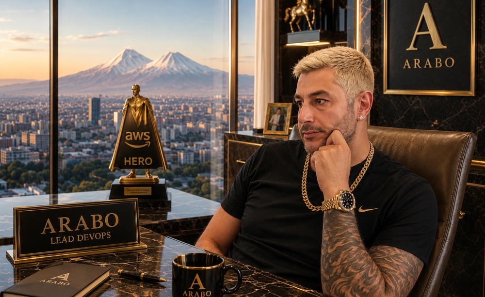 AI-generated portrait of Arabo as a tycoon with an AWS Hero trophy